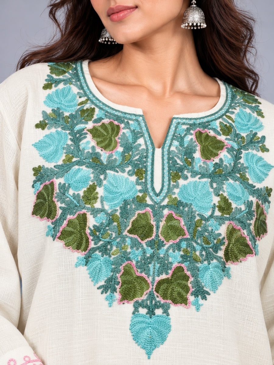 White Kashmiri Pheran with  Floral Embroidery | Aari Embroidered Wool Phiran