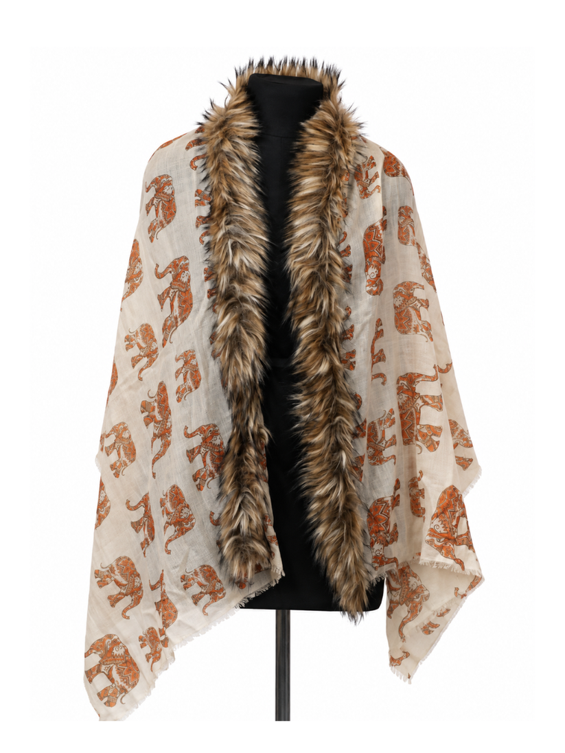 Cocoa Heritage Printed Shawl with Textured Fur Trim