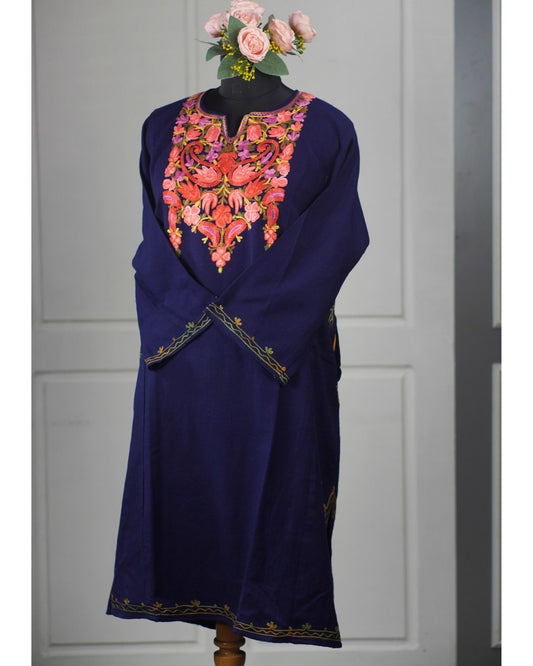 Kashmiri Aari Embroidered Phiran – Pink, Red, Green & Brown | Indigo Blue