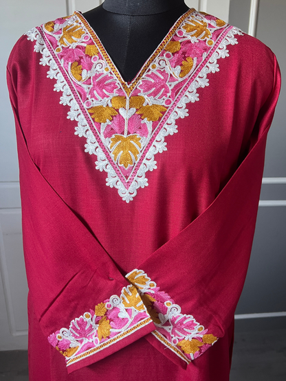 Kashmir Aari cotton Co-Ord Set | Dark Red