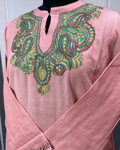 Meeras: Hand-Embroidered Raffel Phiran | Soft Peach