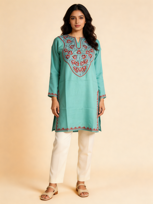 Noor : Aari embroidery summer kurti | Ocean Teal