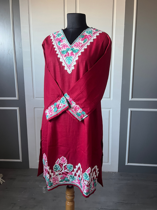 Kashmir Aari cotton Co-Ord Set | Dark Red