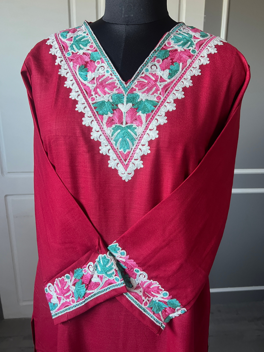 Kashmir Aari cotton Co-Ord Set | Dark Red