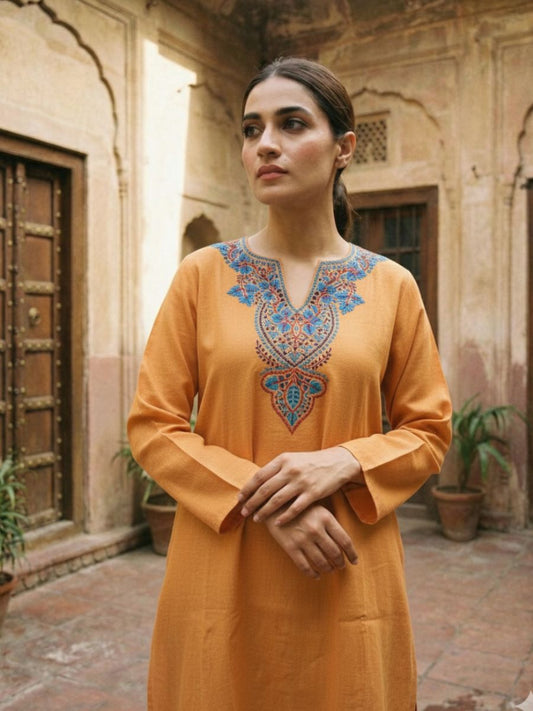 Meeras: Hand-Embroidered Raffel Phiran | Sunset Orange
