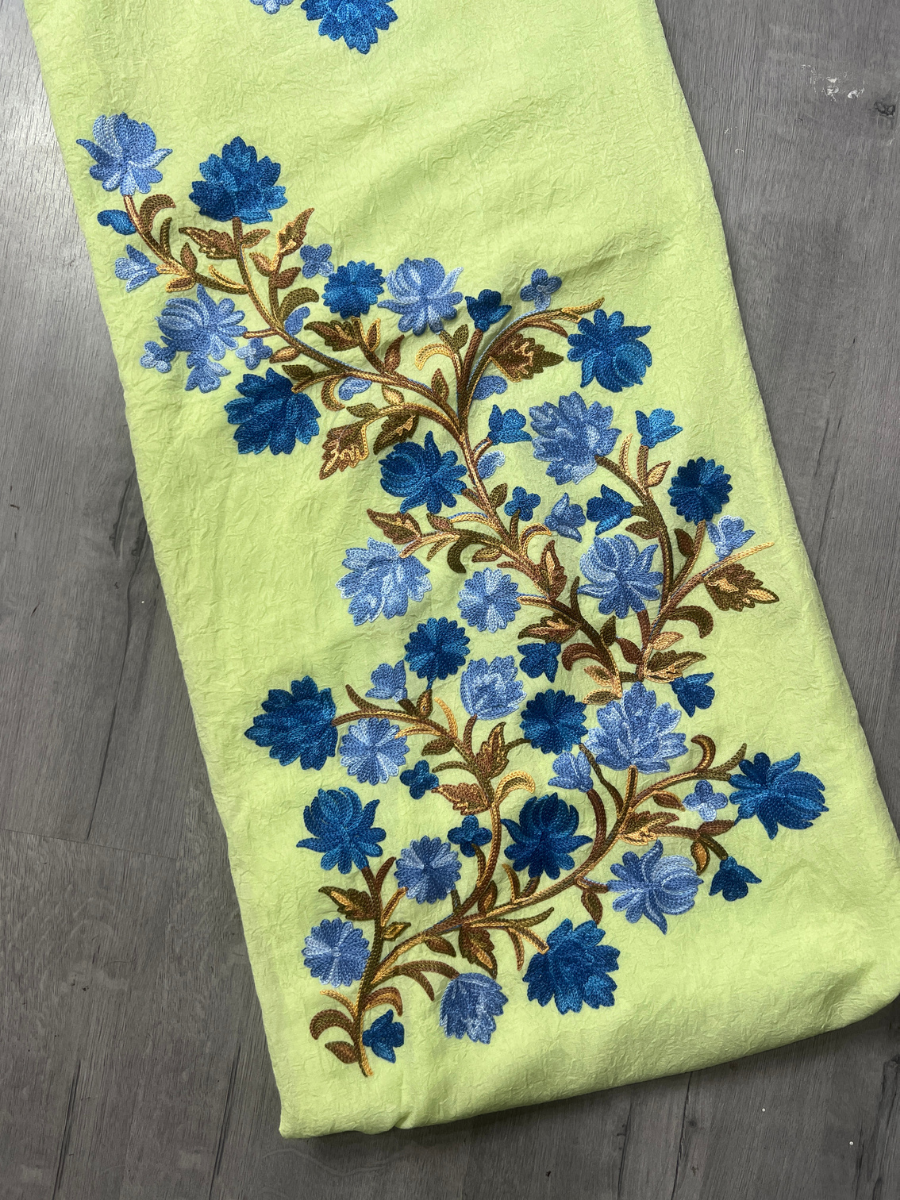 Gul Kashmiri Aari 2 Piece Unstitched Suit  |  Bright Olive