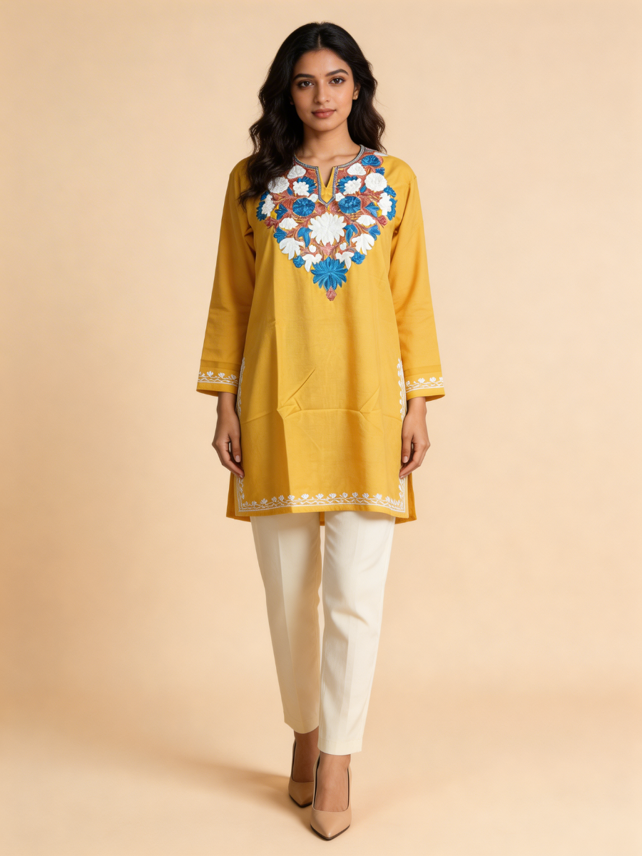 Noor : Aari embroidery summer kurti | Mustard