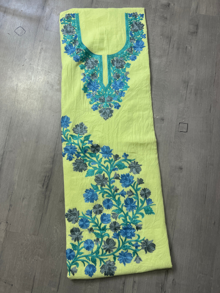Gul Kashmiri Aari 2 Piece Unstitched Suit  |  Bright Olive