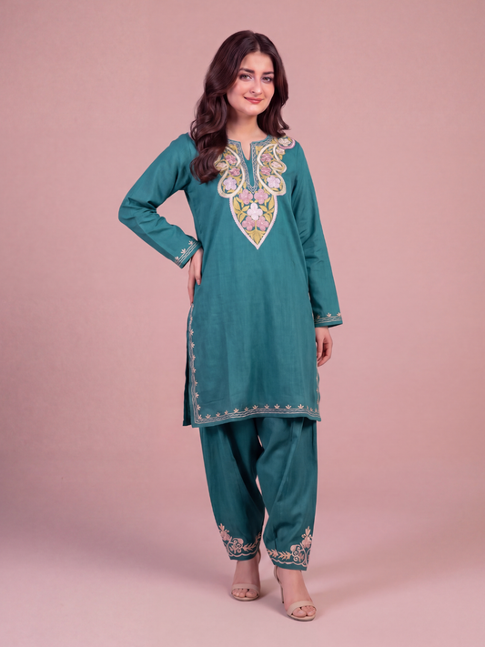 Kashmir Aari cotton Co-Ord Set | Dark Teal