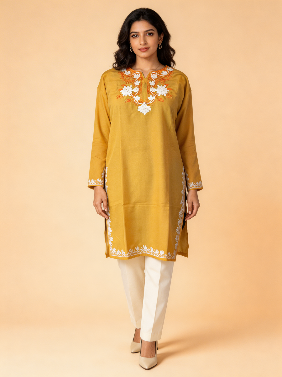 Noor : Aari embroidery summer kurti | Mustard