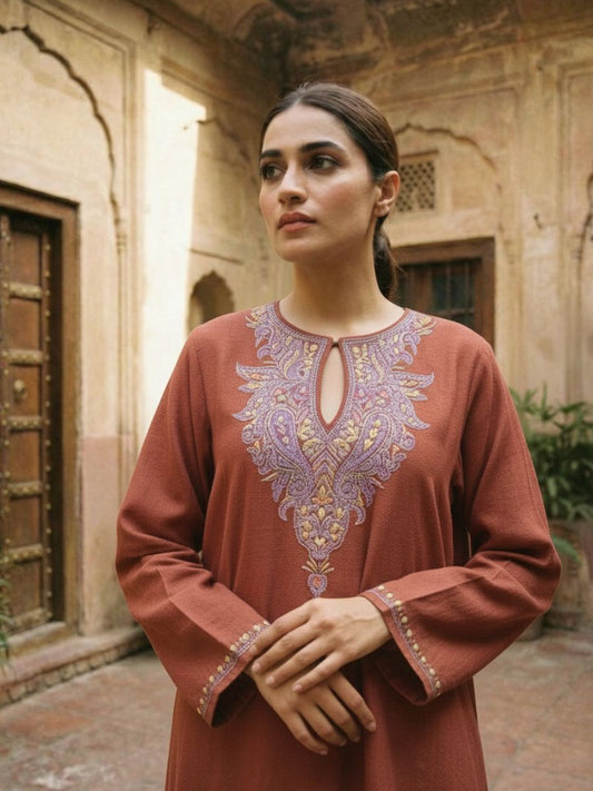 Meeras: Hand-Embroidered Raffel Phiran | Brown