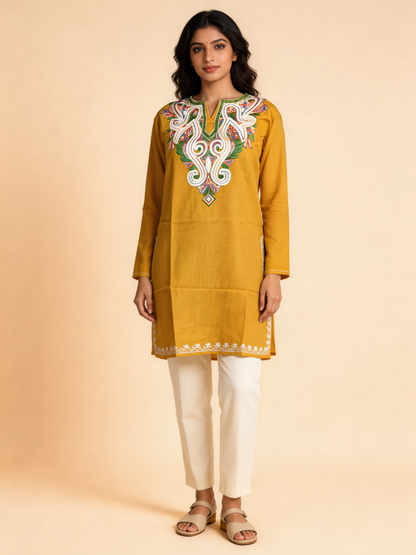 Noor : Aari embroidery summer kurti | Mustard