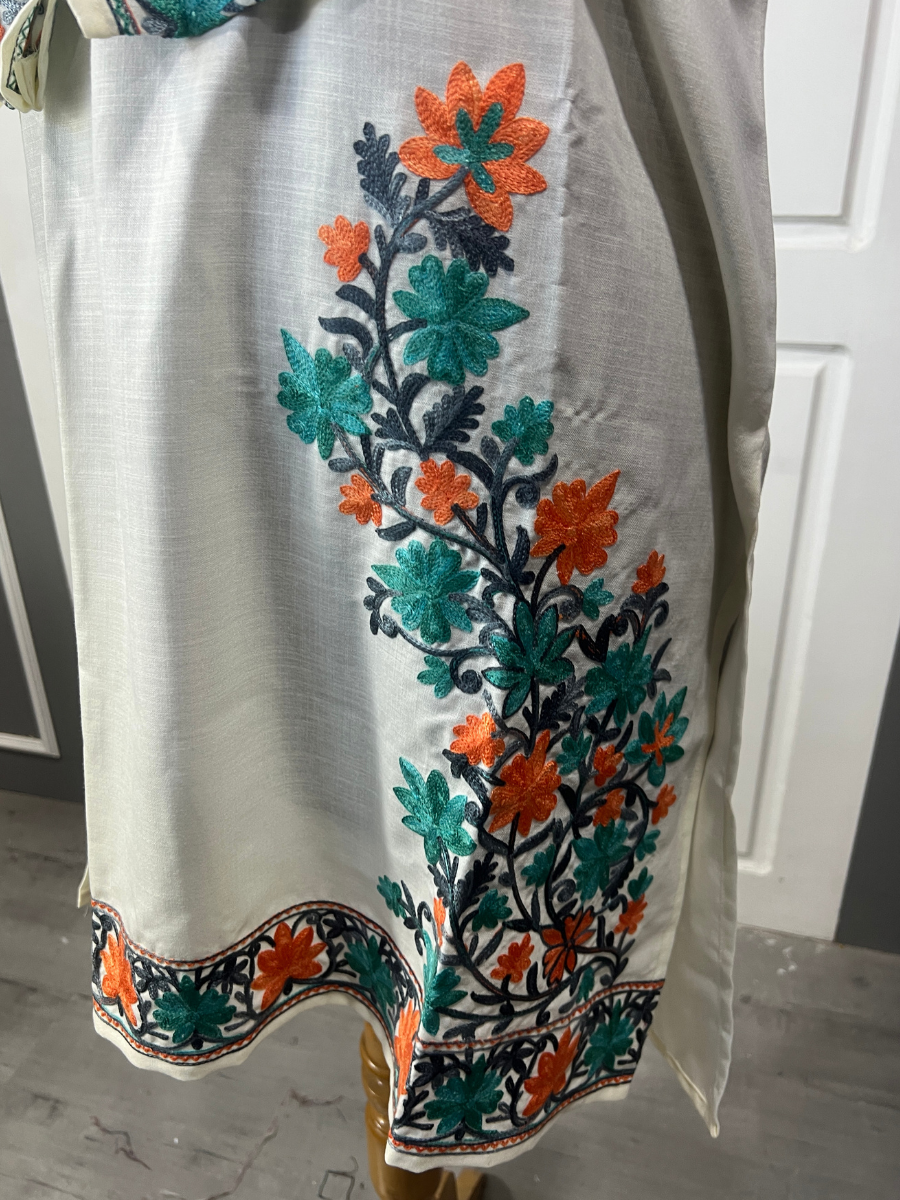 Noor : Kashmiri Aari embroidery summer Co-Ord Set | Light Gray