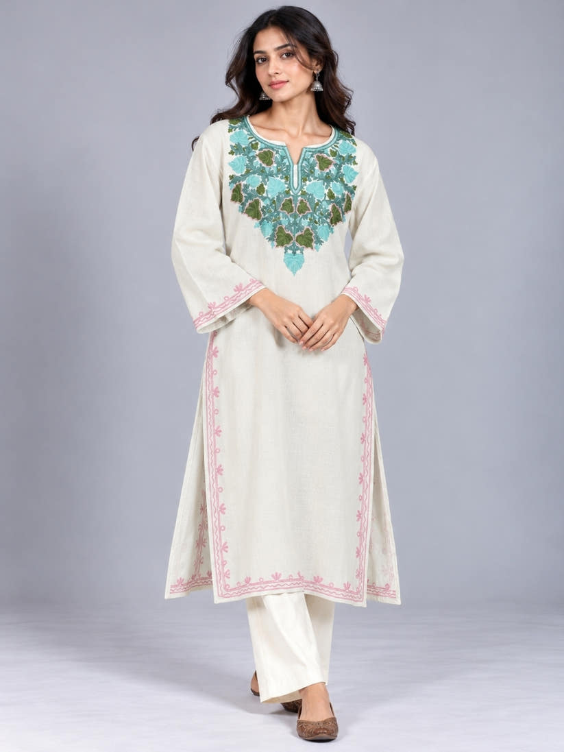 White Kashmiri Pheran with  Floral Embroidery | Aari Embroidered Wool Phiran