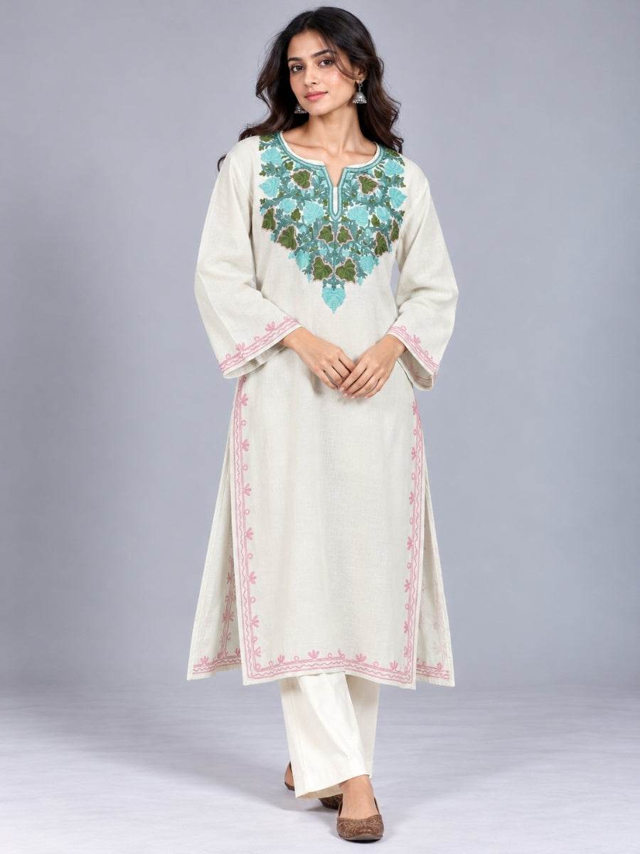 White Kashmiri Pheran with  Floral Embroidery | Aari Embroidered Wool Phiran