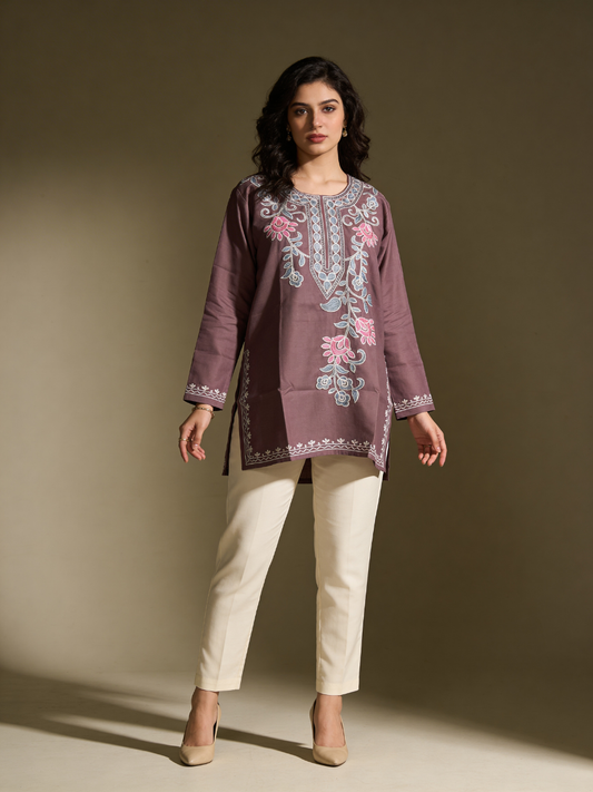 Noor : Aari embroidery summer kurti | Grayish-Brown