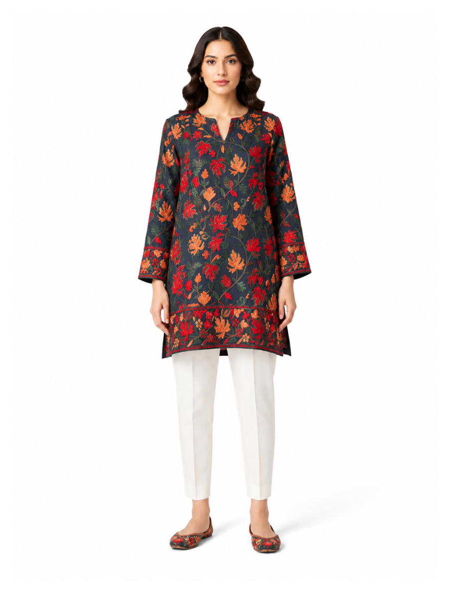 Noor : chinar embroidery summer kurti |  Charcoal Black Georgette