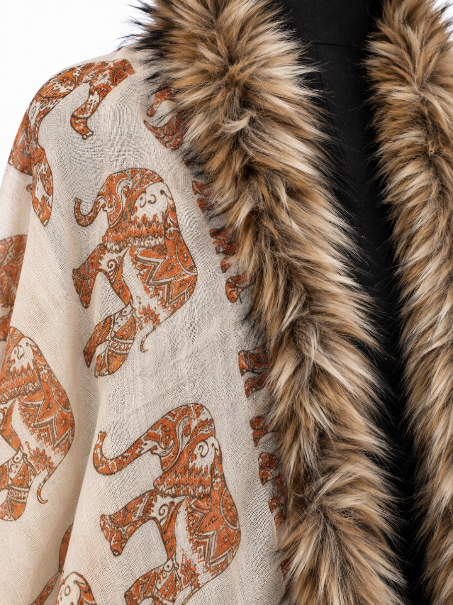 Cocoa Heritage Printed Shawl with Textured Fur Trim