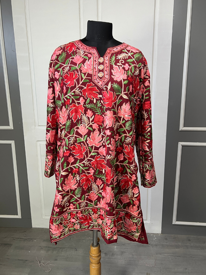 Noor : chinar embroidery summer kurti | Dark Red
