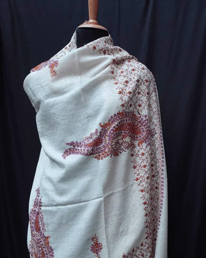 Off White Tusha Shawl with Sozni Handwork Embroidery - KaarKash