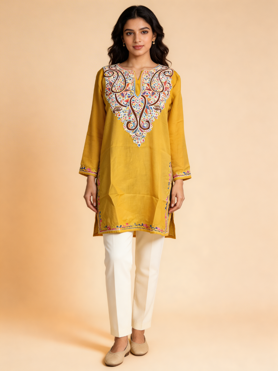 Noor : Aari embroidery summer kurti | Mustard