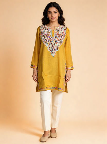 Noor : Aari embroidery summer kurti | Mustard