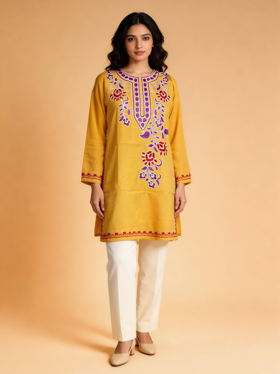 Noor : Aari embroidery summer kurti | Mustard