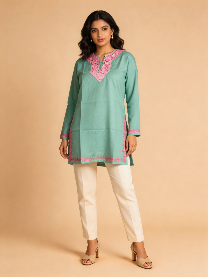 Noor : Aari embroidery summer kurti | Ocean Teal