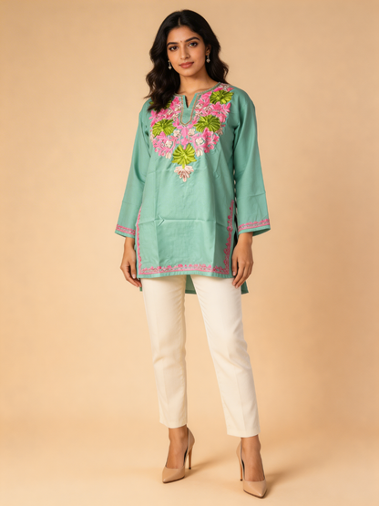 Noor : Aari embroidery summer kurti | Ocean Teal