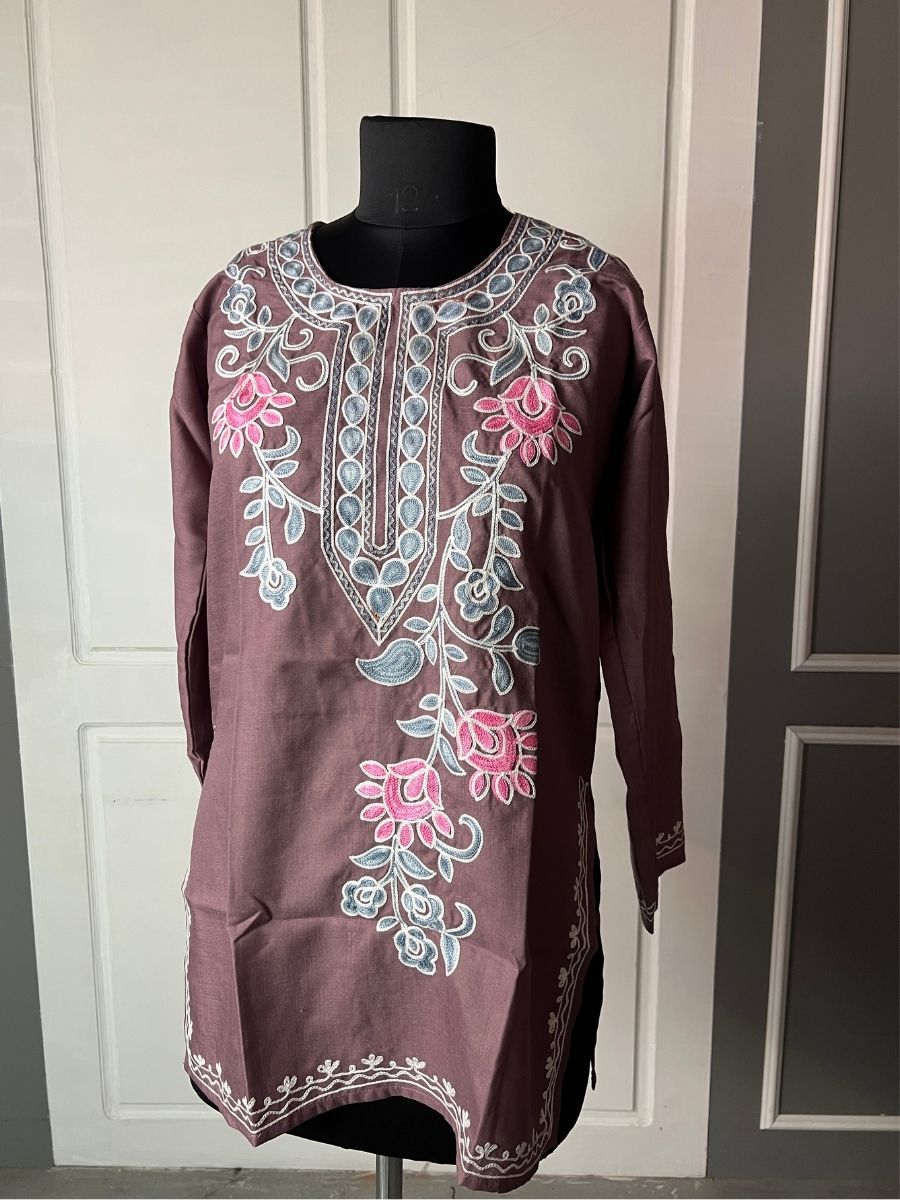 Noor : Aari embroidery summer kurti | Grayish-Brown