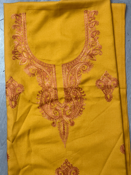 Gul Kashmiri Aari 2 Piece Unstitched Suit  |  Mustard Yellow