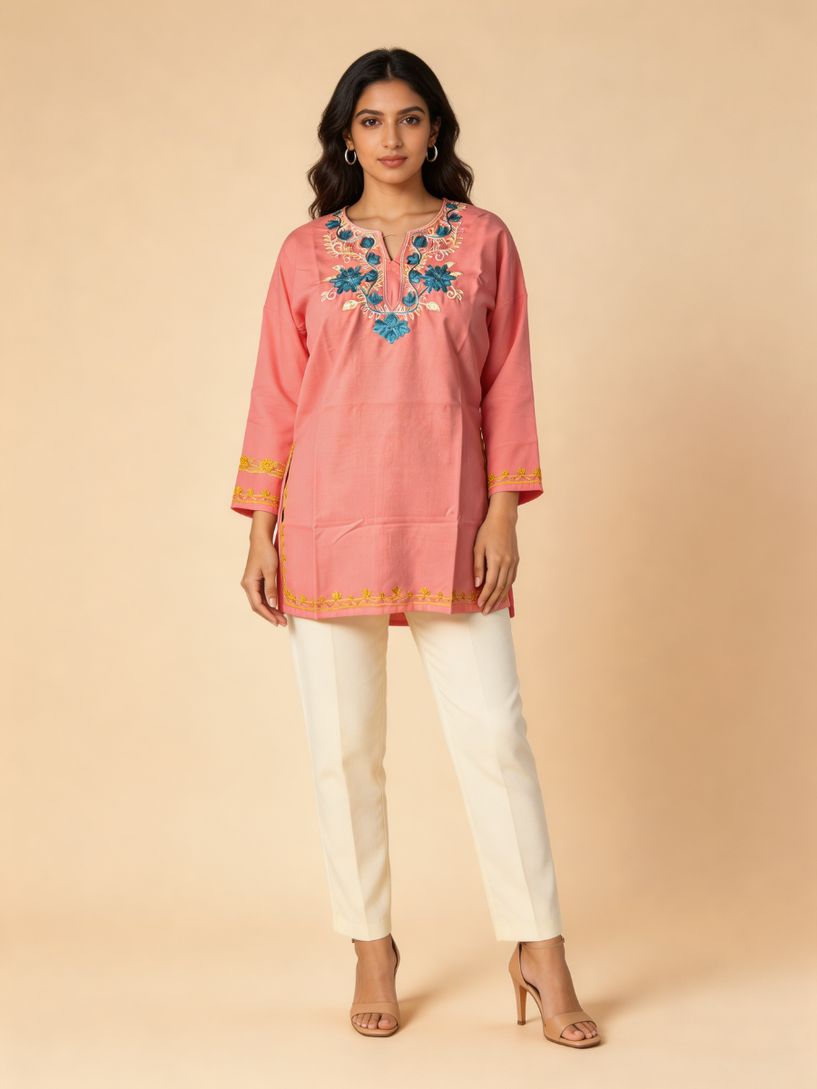 Noor : Aari embroidery summer kurti | Rose Pink