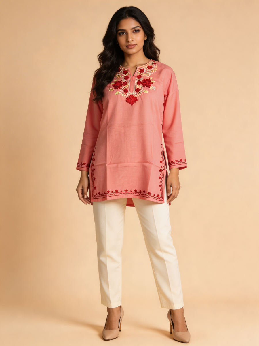 Noor : Aari embroidery summer kurti | Rose Pink