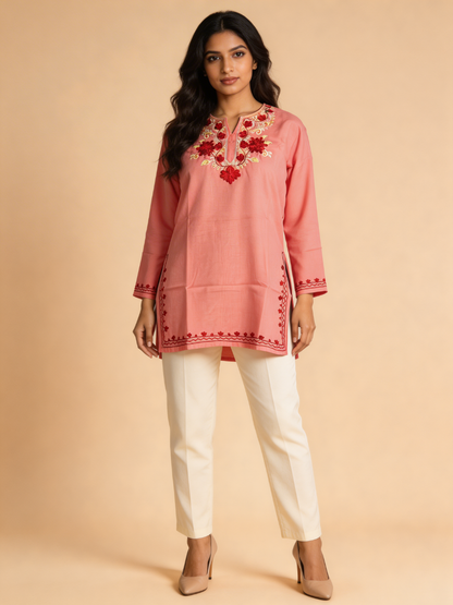 Noor : Aari embroidery summer kurti | Rose Pink
