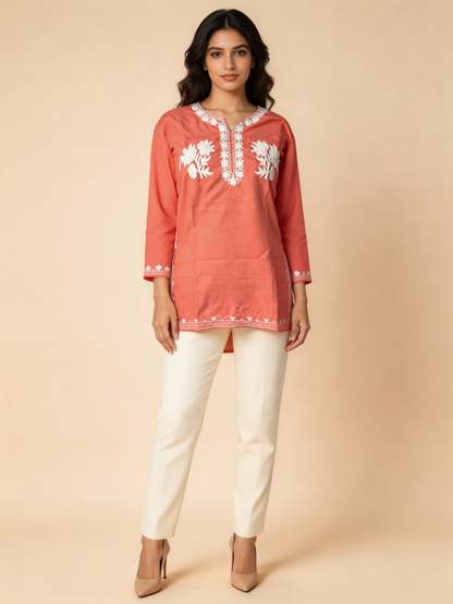 Noor : Aari embroidery summer kurti | Rose Pink
