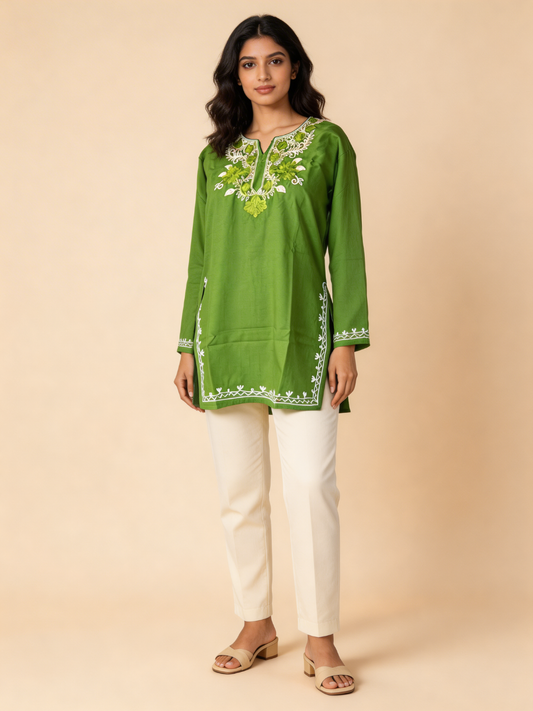 Noor : Aari embroidery summer kurti | Bottle Green