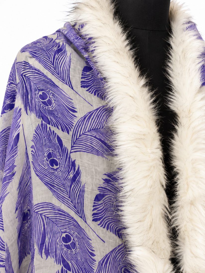 Violet Peacock Feather Print Shawl with Ivory Faux-Fur Trim