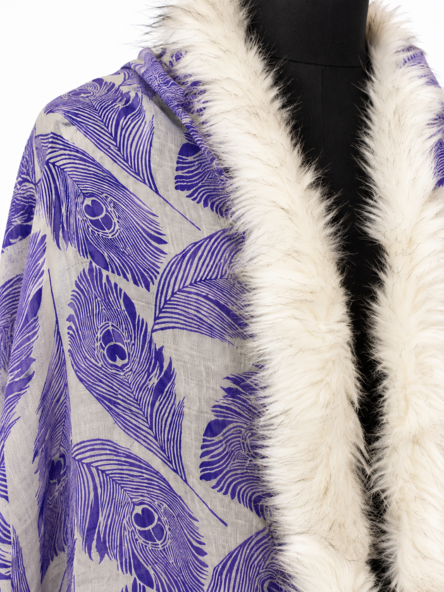 Violet Peacock Feather Print Shawl with Ivory Faux-Fur Trim