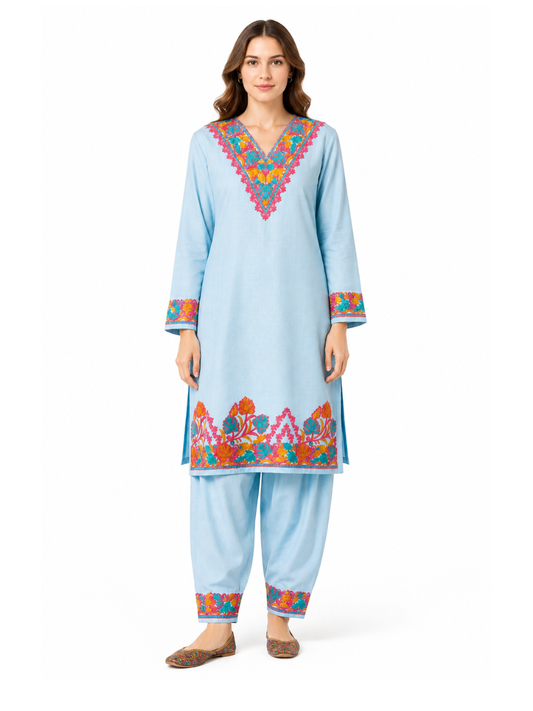Noor : Kashmiri Aari embroidery summer Co-Ord Set | Aqua
