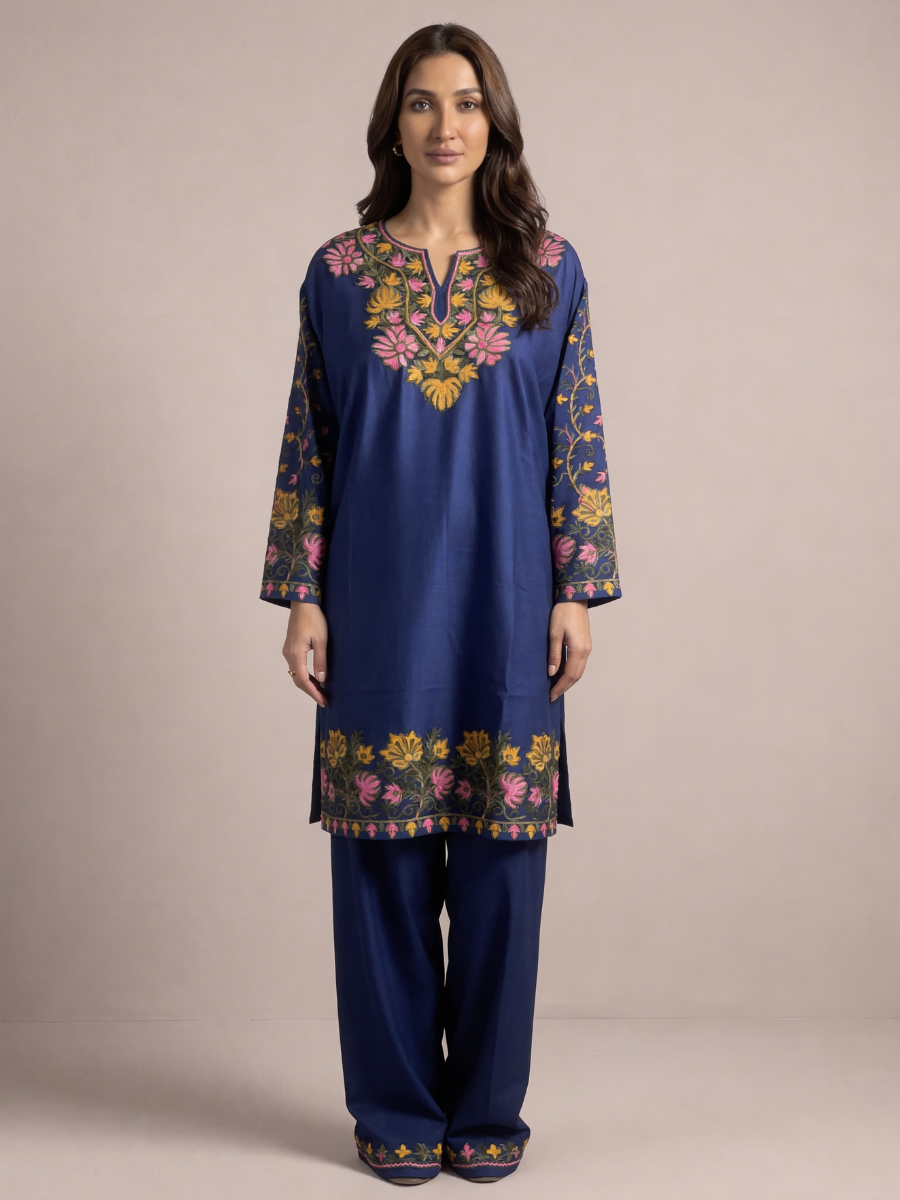 Noor : Aari embroidery summer Co-Ord Set | Dark Blue