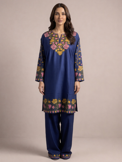 Noor : Aari embroidery summer Co-Ord Set | Dark Blue