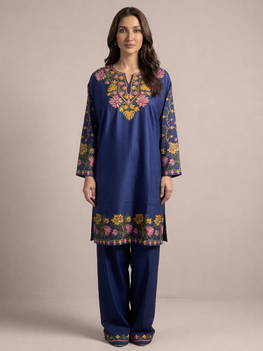 Noor : Aari embroidery summer Co-Ord Set | Dark Blue