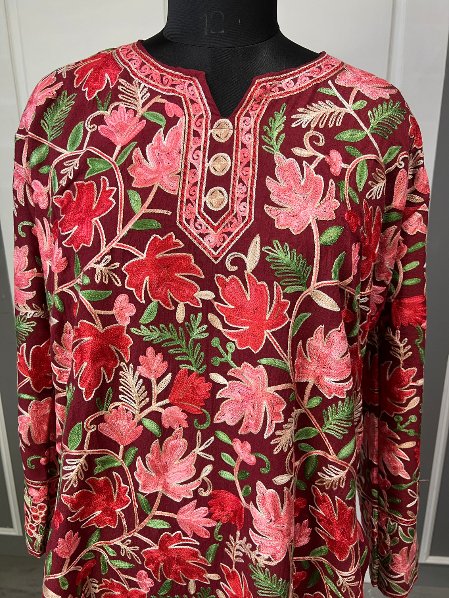 Noor : chinar embroidery summer kurti | Dark Red