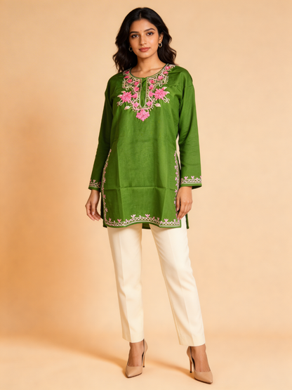 Noor : Aari embroidery summer kurti | Bottle Green