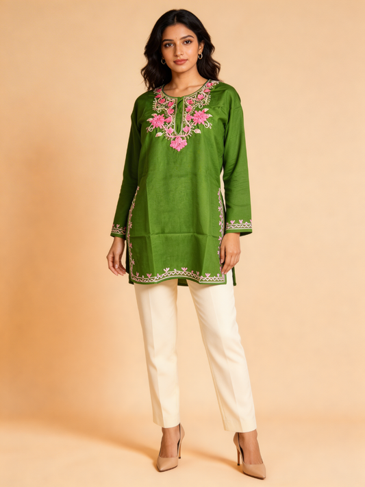 Noor : Aari embroidery summer kurti | Bottle Green