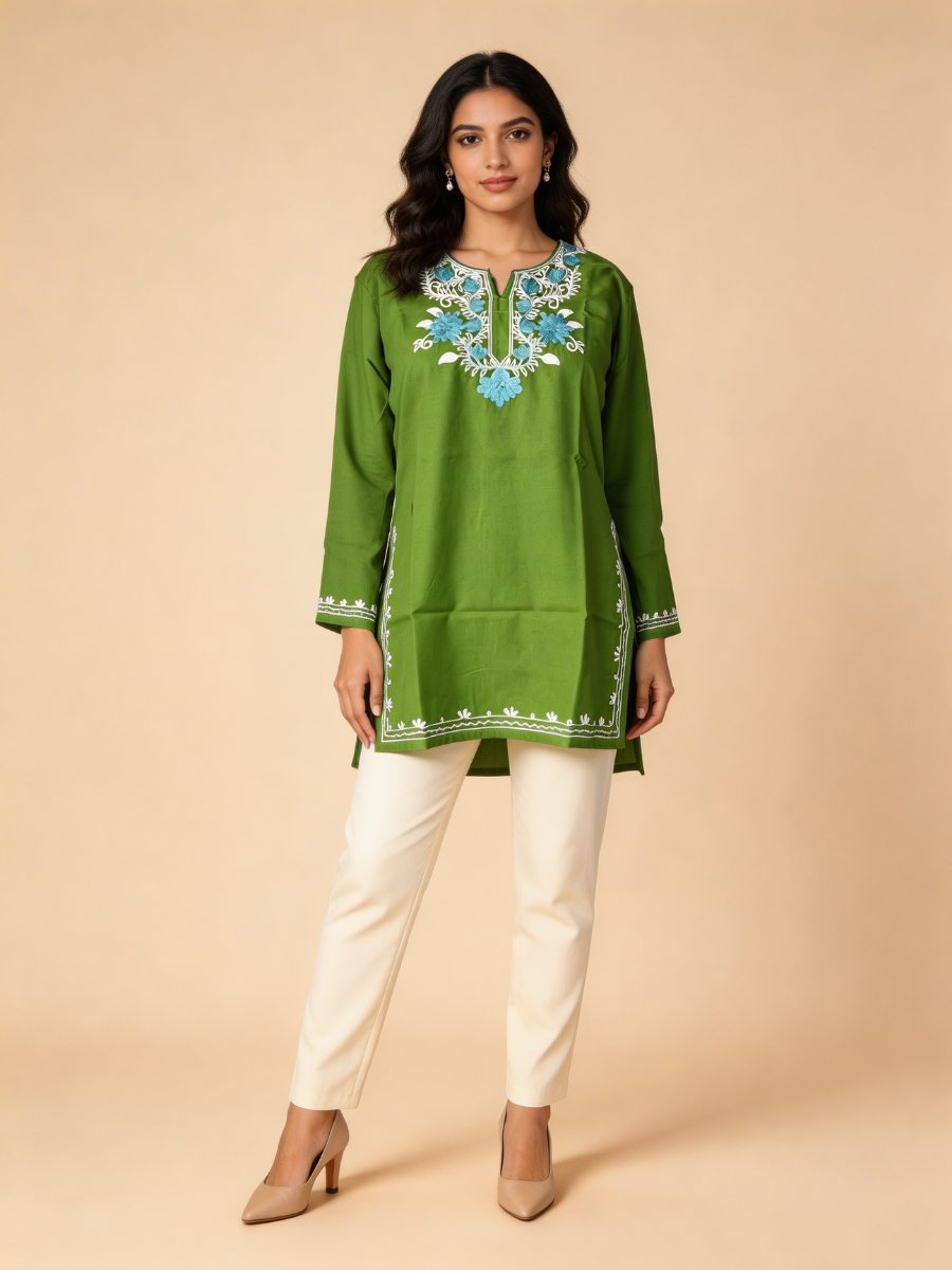 Noor : Aari embroidery summer kurti | Bottle Green