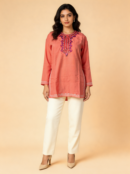 Noor : Aari embroidery summer kurti | Rose Pink