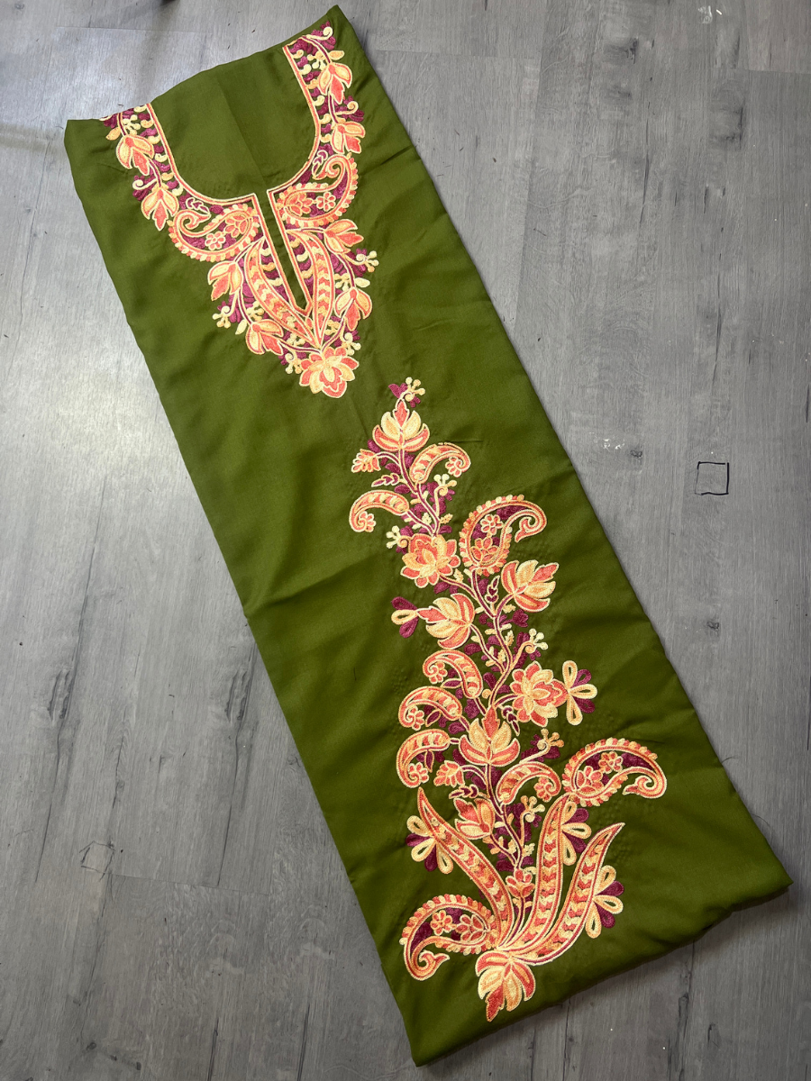 Gul Kashmiri Aari 2 Piece Unstitched Suit  |  Dark Green
