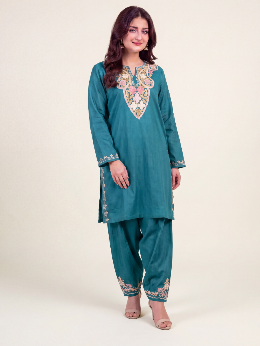 Kashmir Aari cotton Co-Ord Set | Dark Teal
