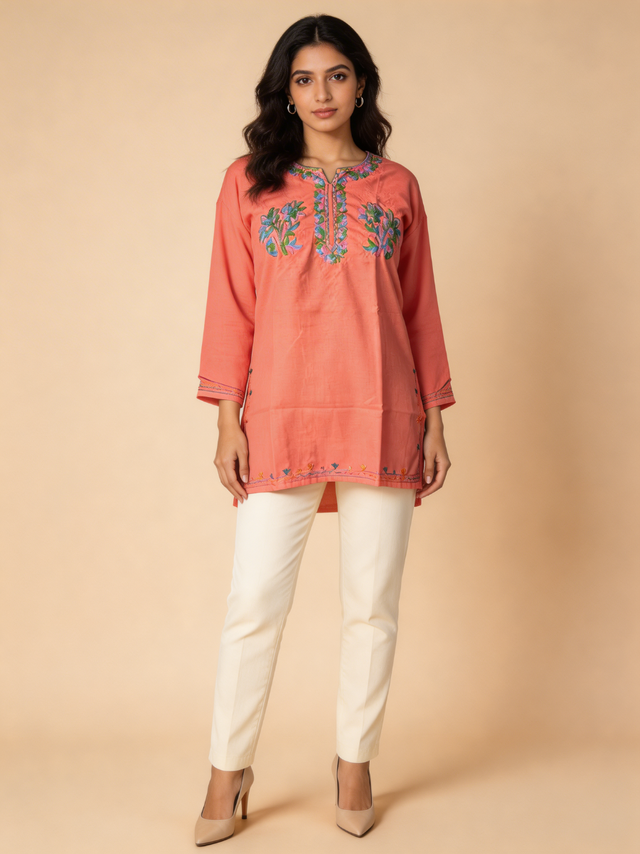 Noor : Aari embroidery summer kurti | Rose Pink